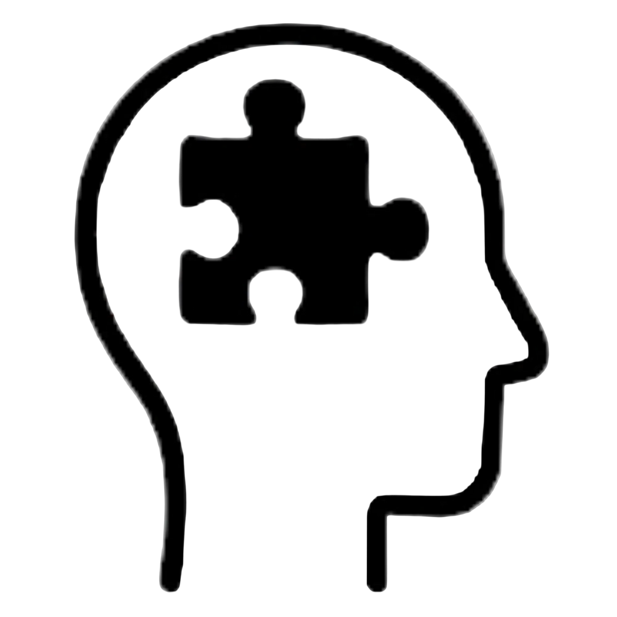 A black line icon of a human head silhouette with a puzzle piece inside, on a white background.